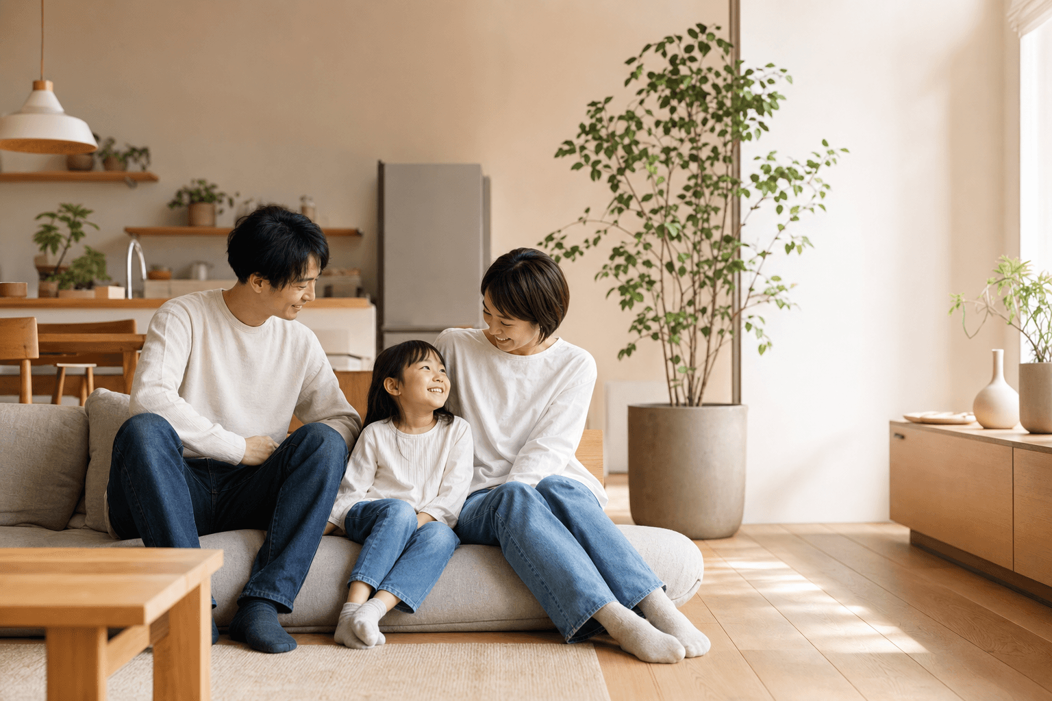 落ち着いたリビングでくつろぐ家族