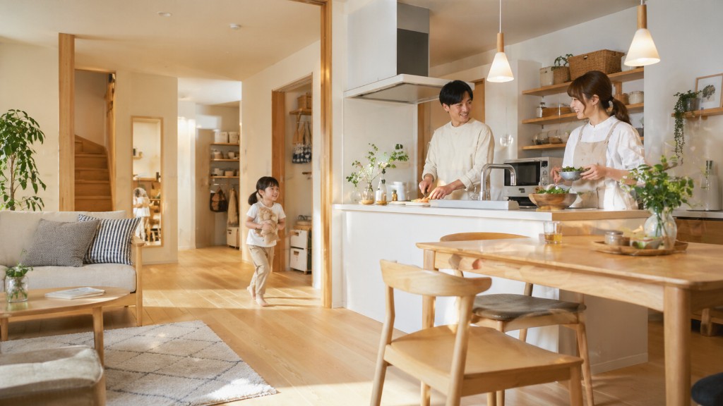 明るいLDKでキッチンに立つ家族と、リビングで過ごす子どもの暮らし